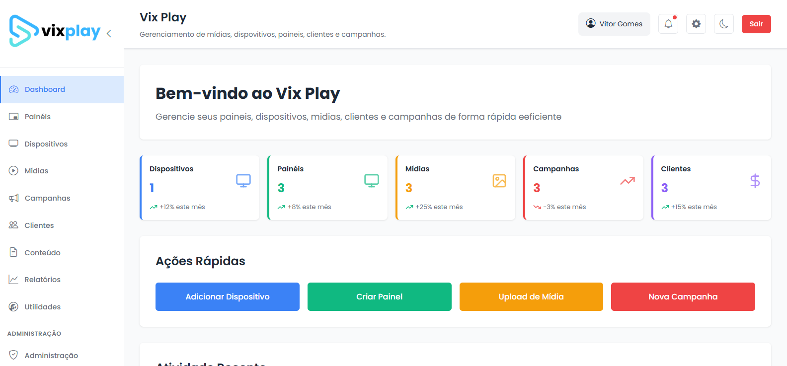 Dashboard Principal do VixPlay